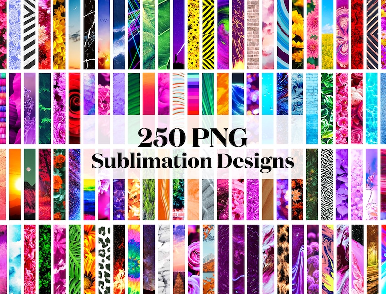May include: A collection of 250 sublimation designs in PNG format. The designs feature a variety of patterns, colors, and textures, including floral, geometric, abstract, and animal prints.