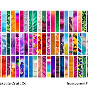 May include: A collection of 90 colorful digital paper strips with various patterns and textures, including floral, geometric, and abstract designs.  These digital papers are perfect for scrapbooking, card making, and other crafting projects.  Lifestyle Craft Co. Transparent PNG.