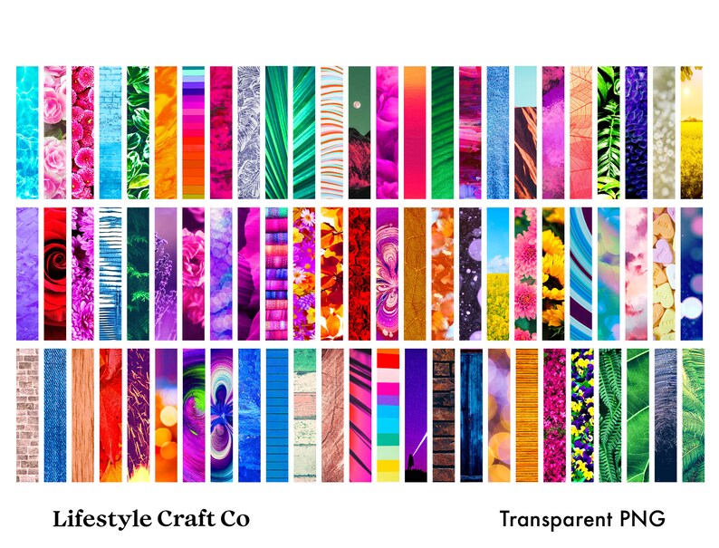 May include: A collection of 90 colorful digital paper strips with various patterns and textures, including floral, geometric, and abstract designs.  These digital papers are perfect for scrapbooking, card making, and other crafting projects.  Lifestyle Craft Co. Transparent PNG.