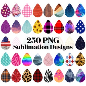 May include: 250 PNG sublimation designs in a variety of patterns and colors. The designs are in the shape of a teardrop and feature a variety of themes, including geometric, floral, animal print, and abstract.
