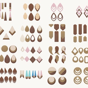 May include: A set of 40 earring designs in various shapes and sizes. The designs include teardrop, feather, heart, geometric, and circle shapes. The earrings are made in shades of brown, pink, and beige.