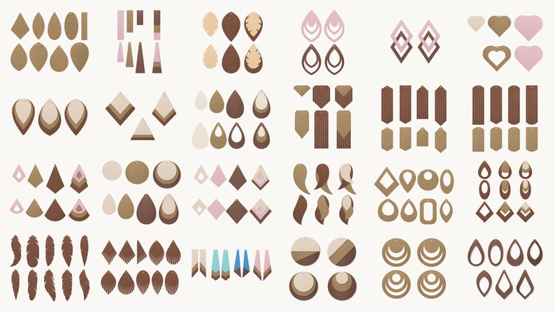 May include: A set of 40 earring designs in various shapes and sizes. The designs include teardrop, feather, heart, geometric, and circle shapes. The earrings are made in shades of brown, pink, and beige.