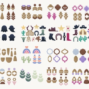 May include: A collection of over 100 earring designs, featuring various shapes, colors, and patterns. The designs include geometric shapes, animals, plants, and abstract patterns. The earrings are made of various materials, including wood, metal, and plastic.