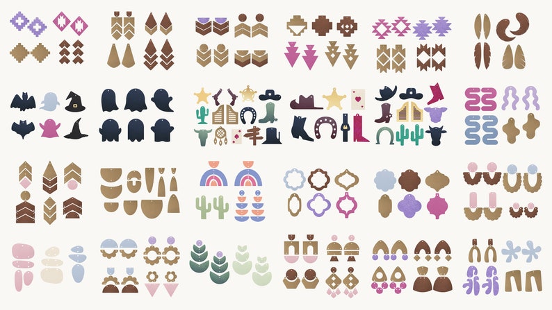 May include: A collection of over 100 earring designs, featuring various shapes, colors, and patterns. The designs include geometric shapes, animals, plants, and abstract patterns. The earrings are made of various materials, including wood, metal, and plastic.