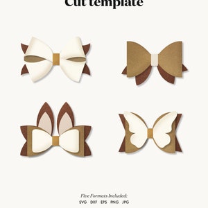 Puede incluir: Cuatro archivos de corte digital de lazos de papel en varios estilos. Los lazos son en tonos de marr&oacute;n y blanco. El texto "Five Formats Included: SVG DXF EPS PNG JPG" y "DIGITAL TEMPLATES DESIGNED FOR CUT/CRAFT MACHINES OR DIY" se encuentra en la parte inferior de la imagen.
