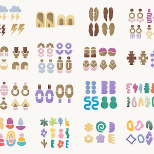 May include: A collection of 40 different earring designs featuring various shapes, colors, and patterns. The earrings are made of various materials, including wood, metal, and plastic. The earrings are arranged in four rows of ten earrings each.