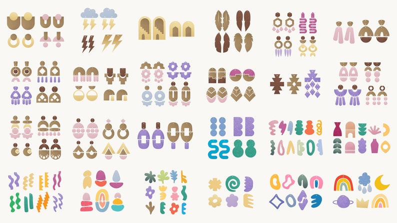 May include: A collection of 40 different earring designs featuring various shapes, colors, and patterns. The earrings are made of various materials, including wood, metal, and plastic. The earrings are arranged in four rows of ten earrings each.