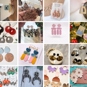 May include: A collage of images showcasing a variety of handmade earrings. The earrings are made from different materials, including leather, wood, and fabric. The earrings are in a variety of colors and styles, including geometric, floral, and abstract.