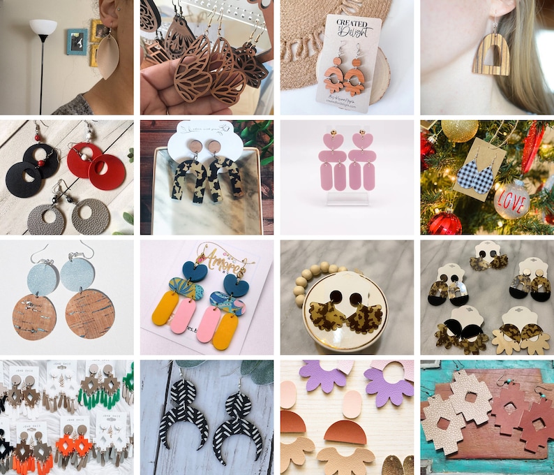 May include: A collage of images showcasing a variety of handmade earrings. The earrings are made from different materials, including leather, wood, and fabric. The earrings are in a variety of colors and styles, including geometric, floral, and abstract.