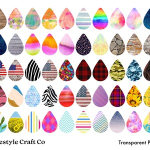 May include: A set of 48 digital clipart images featuring various patterns and designs in the shape of teardrops. The designs include stripes, plaid, polka dots, animal prints, and more. The images are transparent PNG files.