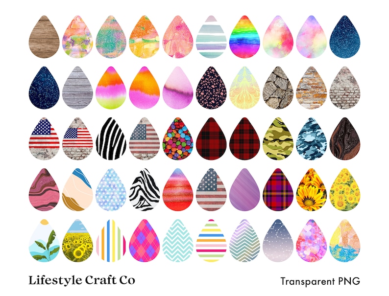 May include: A set of 48 digital clipart images featuring various patterns and designs in the shape of teardrops. The designs include stripes, plaid, polka dots, animal prints, and more. The images are transparent PNG files.