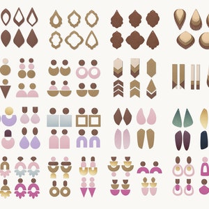 May include: Assortment of geometric shapes in various colors, including brown, gold, pink, purple, and blue. These shapes are designed for use as earring components.