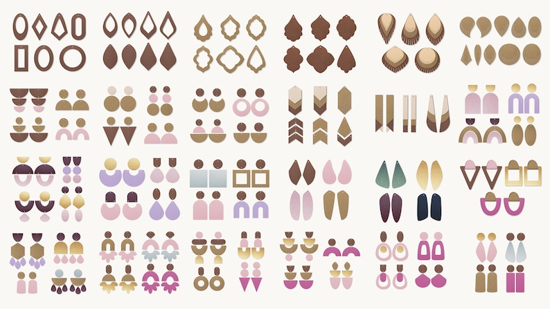 May include: Assortment of geometric shapes in various colors, including brown, gold, pink, purple, and blue. These shapes are designed for use as earring components.