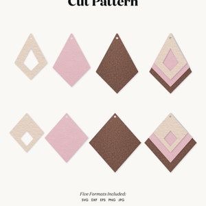 May include: Cut file pattern for diamond shaped earrings. The pattern includes five different layers in beige, pink, and brown. The file is available in SVG, DXF, EPS, PNG, and JPG formats.