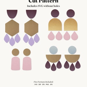 May include: Digital templates for cut/craft machines or DIY projects. The image shows various earring designs in shades of purple, gold, and pink. The text reads "Cut Pattern" and "Includes SVG without holes."