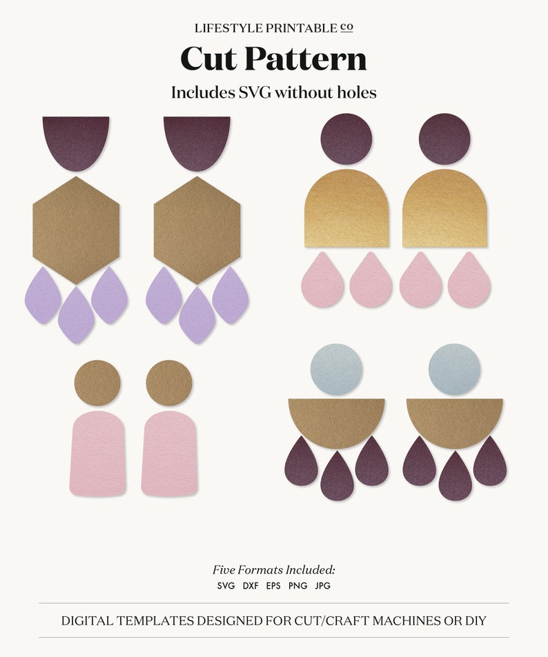 May include: Digital templates for cut/craft machines or DIY projects. The image shows various earring designs in shades of purple, gold, and pink. The text reads "Cut Pattern" and "Includes SVG without holes."