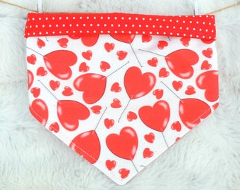 Red Hearts Dog Bandana, reversible pet scarf with snaps