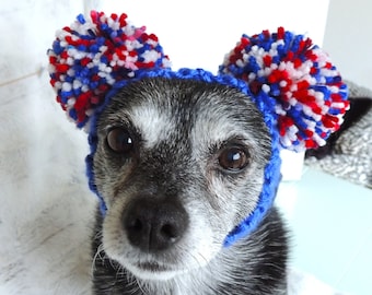 Patriotic Dog Headband, crochet headband with pompoms for dog, photo fashion accessory for pet