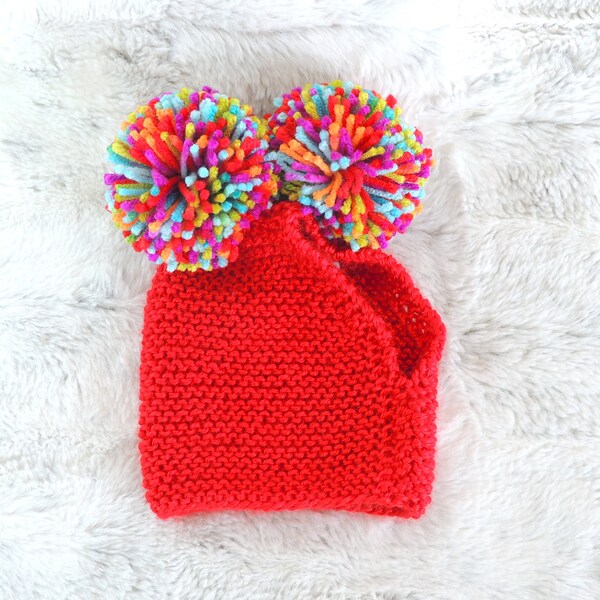 Red Dog Snood, birthday dog or cat snood, knit hat with pompoms, photo fashion accessory for dog or cat