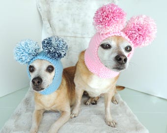 Pink or Blue Dog Snood, knit pet hat with pom poms, photo fashion accessory for dogs