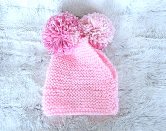 Pink Dog Snood, knit pet hat with pom poms, photo fashion accessory for dogs or cats