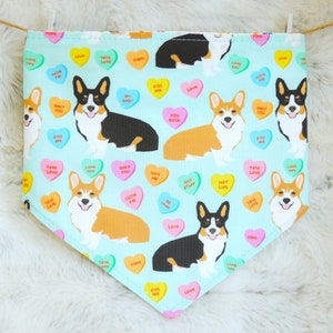 Valentine Corgi Dog Bandana, reversible pet scarf with snaps