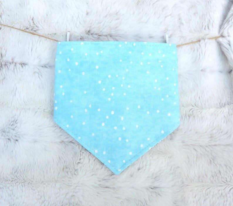 May include: A light blue, triangular bandana with white polka dots, hanging from a string. The bandana is made of soft fabric and is likely for a pet. The background is a fluffy, white surface.