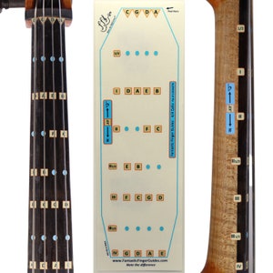 May include: A cello finger guide with blue dots and markings for the notes C, G, D, A, E, B, F, and C. The guide is labeled "Fantastic Finger Guides 4/4 Cello Pat. 10504378" and "Note the difference".