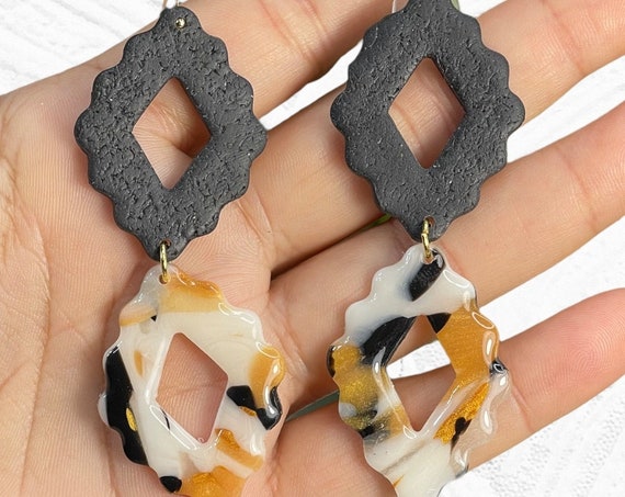 Modern Movement Dangles Rock Candy Collection Statement Earrings Clay Jewelry Black and gold translucent checkerboard