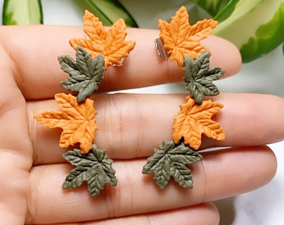 Ear Climber Ear Cuff Autumn Leaf Statement Earrings Burnt orange Olive green fall stud post clip ons unique