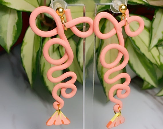Spring Fling Love Coral Pink and gold Statement Earrings Large Dangles floral petal