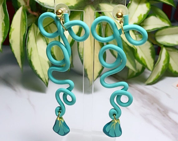 Spring Fling Love Coral Teal and gold Statement Earrings Large Dangles floral petal
