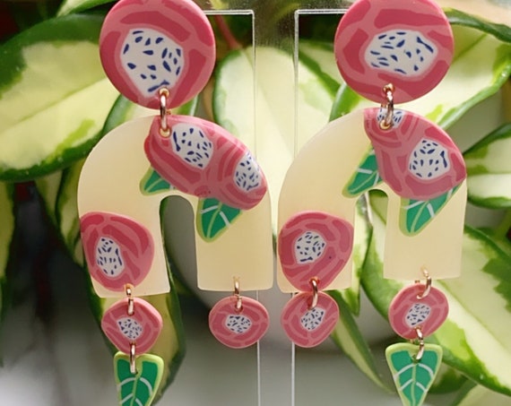 Spring Fling Arch Dangle rose Coral Blue white Green Leaf and gold Statement Earrings Large floral petal