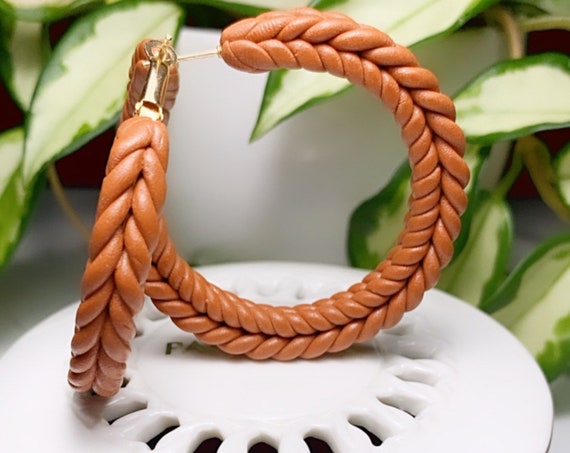 Rope Braid hoops extra Large Statement Cognac rust terra cotta Earrings Fall Clay hoops olive green
