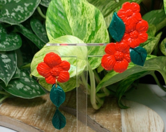 Floral asymmetrical Ear Climber Ear Cuff Flower leaf Statement Earrings Tropical stud post clip ons unique