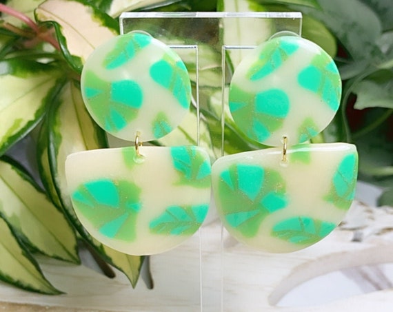 Monstera Painted Glass Statement Earrings Green Translucent Resin Coated