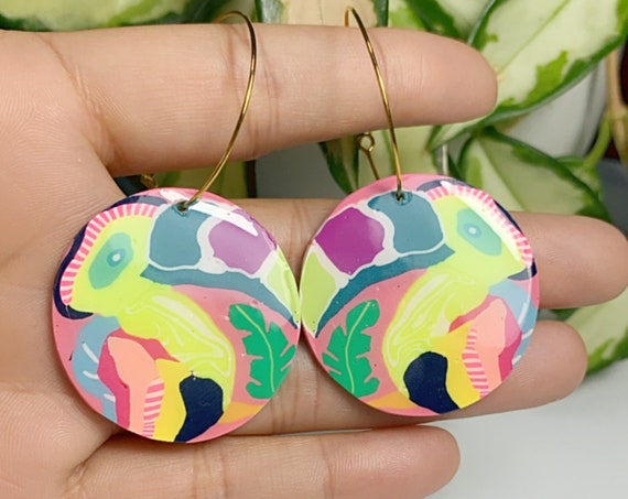 Toucan Dreams Limited Edition Statement Earrings Green pink neon Gold Yellow blue floral flower leaf multicolored