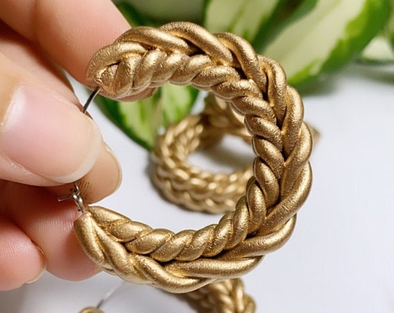 Rope Braid hoops large Statement Gold Earrings Clay hoops knit crochet