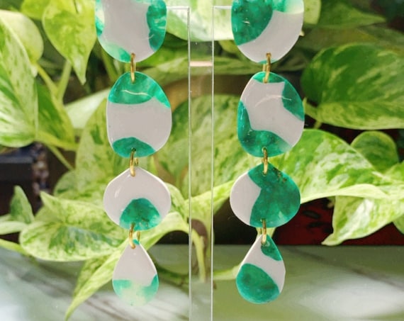 Jaded Faux Gemstone Inlay Statement Earrings Green White Gold  Resin Translucent Big circles