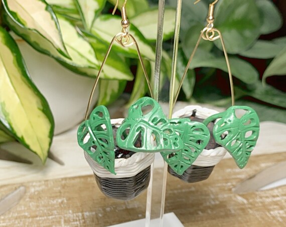 Monstera Adansonii 3D Basket Planter Leaf Statement Earrings Hand Cut plant lady Gold