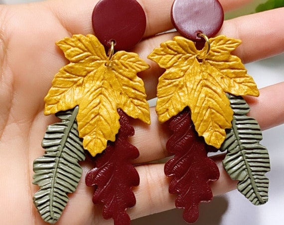 Autumn Maple Leaf Triple Threat Gold Olive Green Orange Burgundy maroon wine Statement Earrings Fall Leaves Clay hoops hooks clip ons dangle