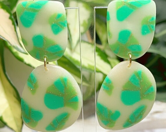 Monstera Painted Glass Statement Earrings Green Translucent Resin Coated