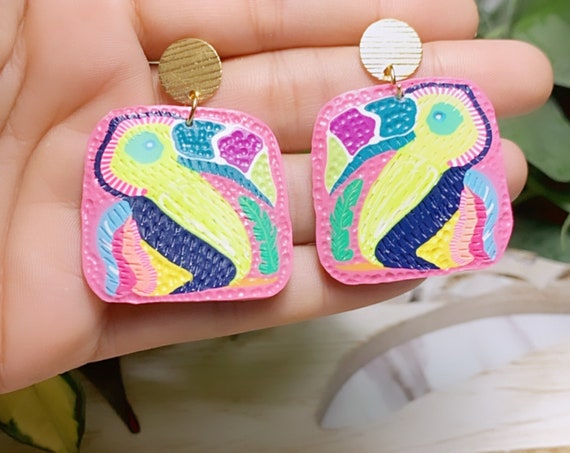Toucan Dreams Limited Edition Textured Statement Earrings Green pink neon Gold Yellow blue floral flower leaf multicolored