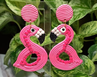 Fun Pop Flamingo Floaty Statement Earrings Pink Hot Pink White Glitter Black  Gold hoops  Made to order