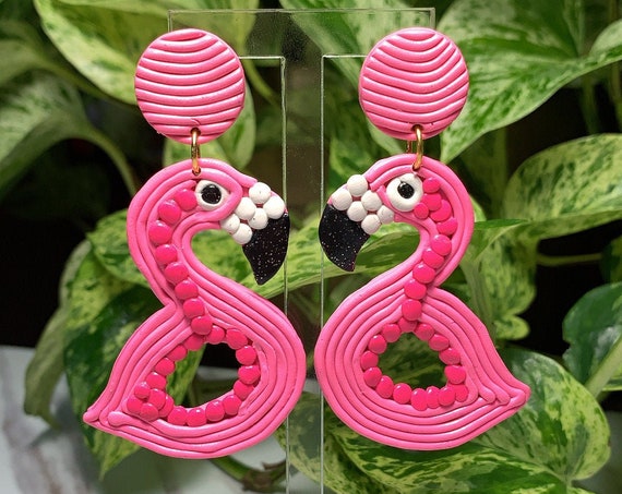Fun Pop Flamingo Floaty Statement Earrings Pink Hot Pink White Glitter Black Gold hoops Made to order