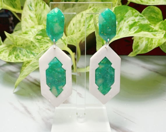 Jaded Faux Gemstone Inlay Statement Earrings Green White Gold Resin Translucent Big circles