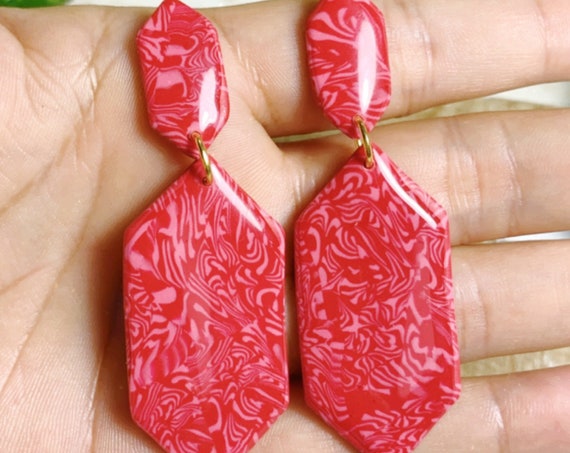Marbled Red Pink Moroccan Drops Statement Earrings Resin Coated