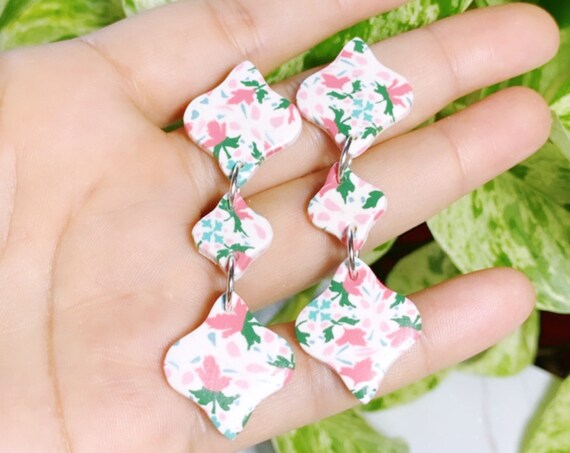 Moroccan Tile Drops Floral Tile Design Statement Earrings Pink Teal Green White Sky Blue