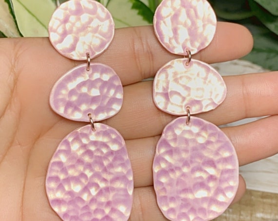 Hammered Metallics collection pebbles Statement Earrings Metallic pink Rose gold leaf statement