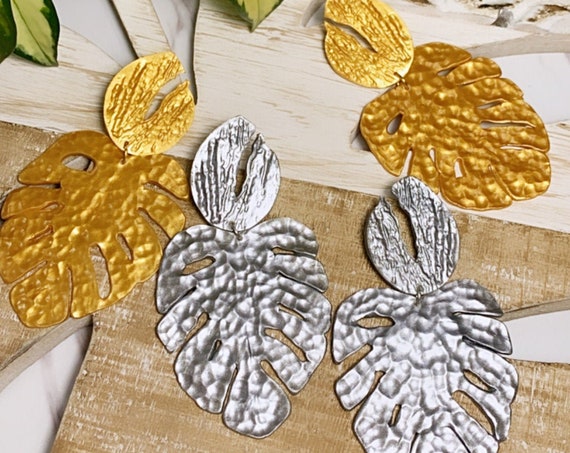 Hammered Monstera XL Statement Earrings Metallic Gold Silver leaf statement